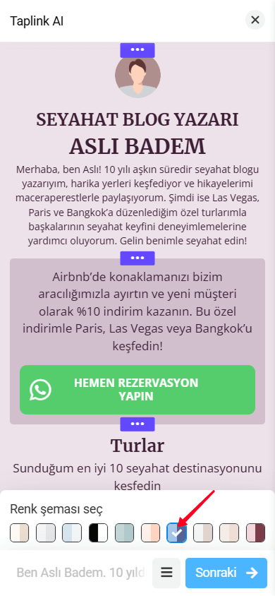Pembe renk şemasına sahip bir Taplink AI sayfası