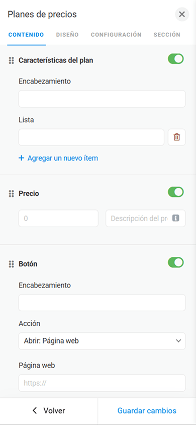 Página de personalización del contenido de un plan de precios, con campos para las características y el precio del plan, además de la configuración del botón