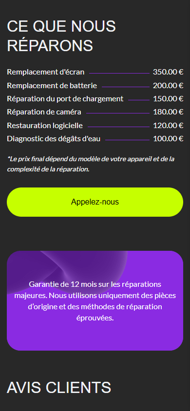 Partie centrale de l’exemple de page de link in bio d’un atelier de réparation de téléphones