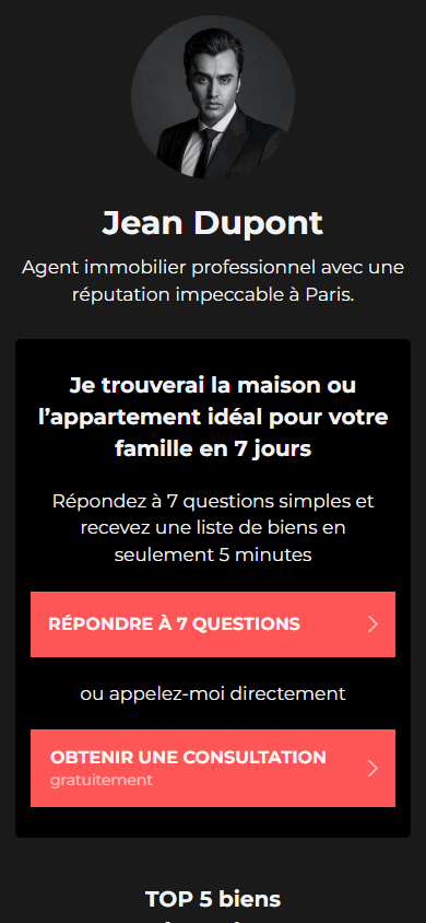 Le haut de l’exemple de Linktree pour l’immobilier