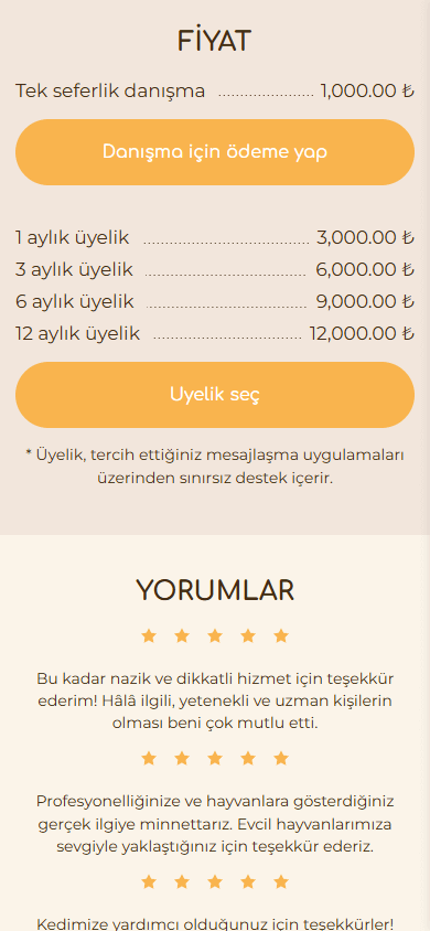 Evcil hayvan kliniği Linktree örneğinin alt kısmı