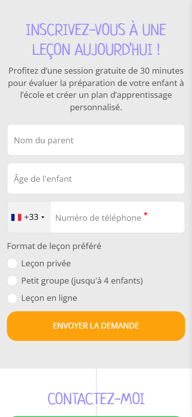Partie inférieure de la page de link in bio d’une école en ligne