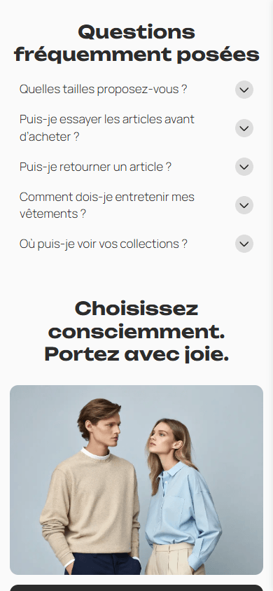 Partie inférieure de la page de link in bio d’une boutique de vêtements