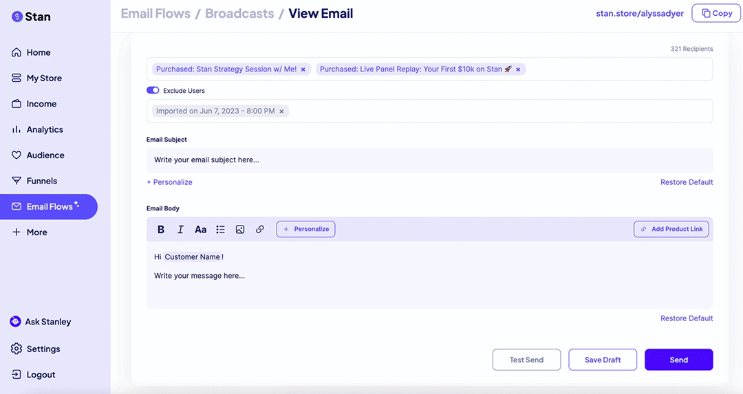 Email broadcast setup page in the Stan Store account