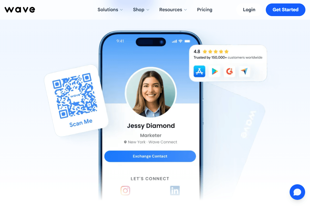 Digital business card design on the Wave Connect homepage