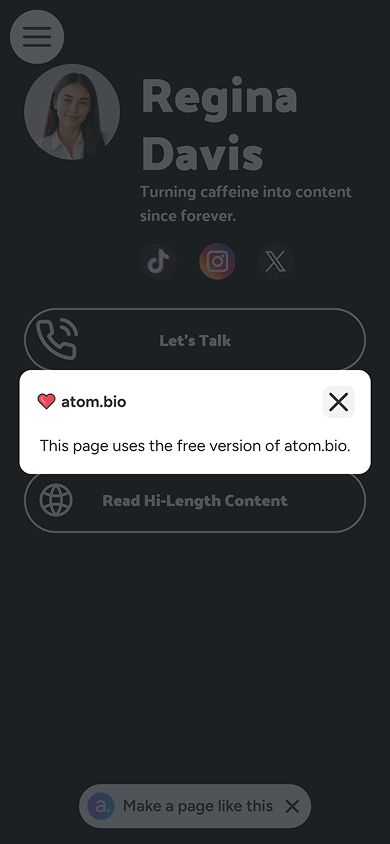 Ad notification that appears on an atom.bio page
