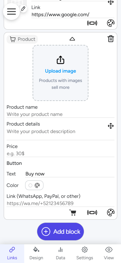 Digital product block customization in the atom.bio link in bio tool