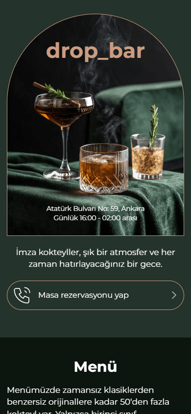 Bir barın bio link sayfası örneğinin üst kısmı