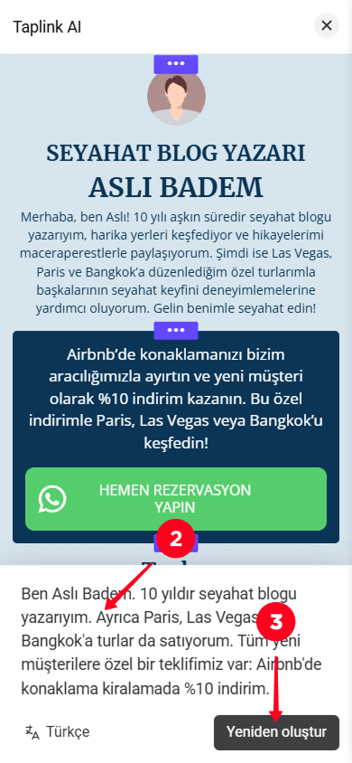 İş açıklamasını düzenleyip Taplink AI’da Yeniden oluştur düğmesine dokunma
