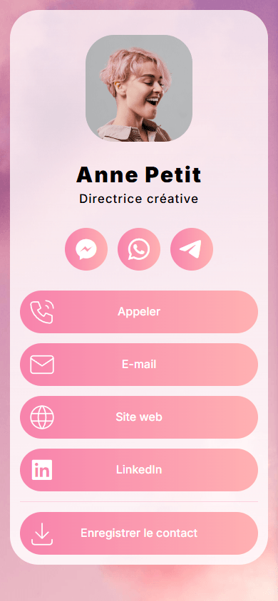 Exemple de page de link in bio présentant une photo de profil, des titres, des liens et un bouton de contact