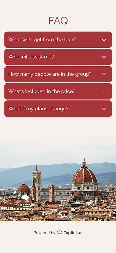 Bottom of a tour agency’s page with expandable answers created with Taplink’s FAQ block