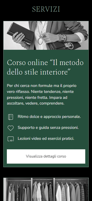 Parte centrale del design del Linktree della stylist