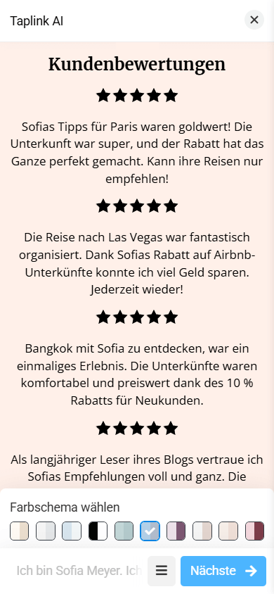 Ein Layout des Abschnitts Bewertungen mit Fünf-Sterne-Symbolen und Kundenbewertungen