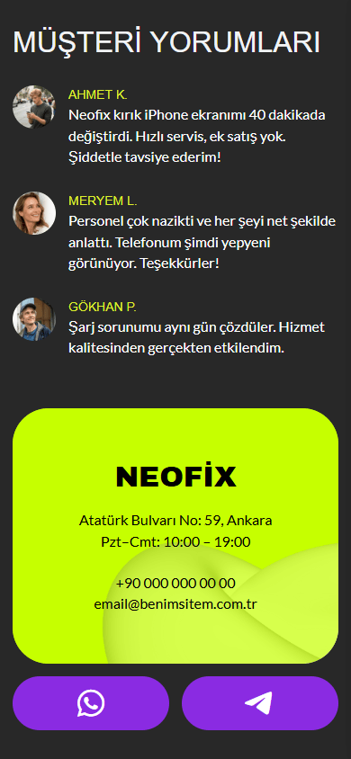 Telefon tamir mağazasının bio link sayfası örneğinin alt kısmı