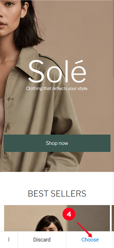 Tapping Choose in the clothing website template preview in Taplink