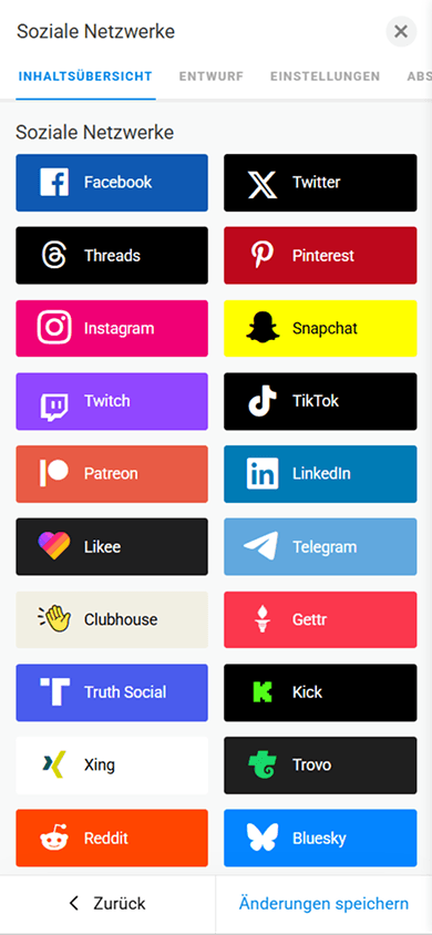 Eine Liste der in Taplink verfügbaren Social-Media-Plattformen