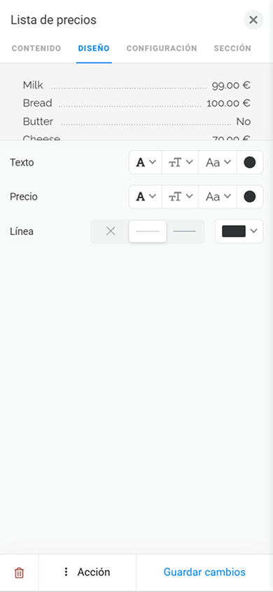 Configuración del diseño del bloque Lista de precios en la herramienta de enlace en la biografía de Taplink
