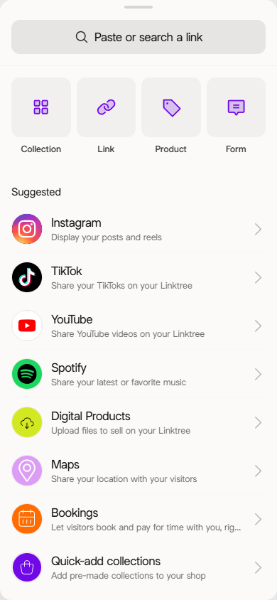 Four block categories and eight content blocks available in the Linktree link in bio tool