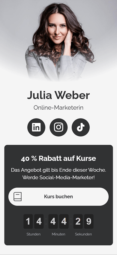 Oberer Teil der Taplink-Seite eines Online-Marketers mit den Blöcken „Avatar“, „Text“, „Soziale Netzwerke“, „Link“ und „Zeitschaltuhr“