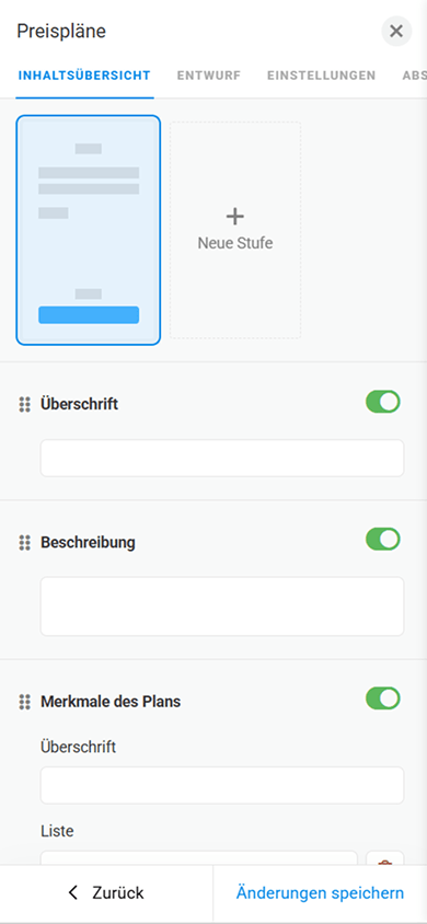 Seite zur Inhaltsanpassung eines Preisplans mit Einstellungen für die Foliennummer und Feldern für Überschrift, Beschreibung und enthaltene Leistungen