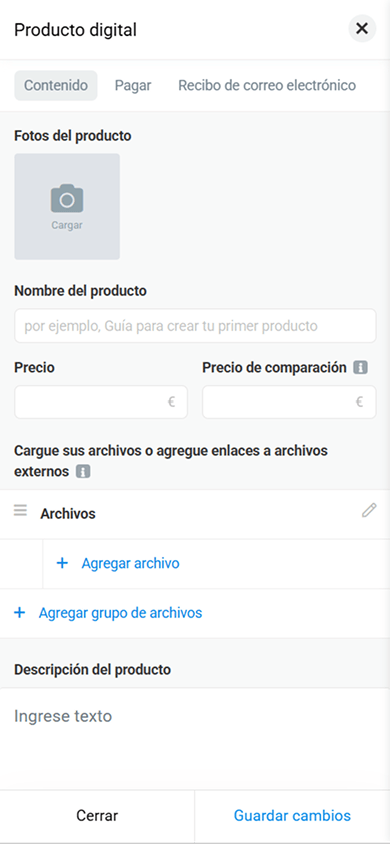 Página de personalización de un producto digital, con ajustes para la imagen, el nombre, el precio, el archivo y la descripción