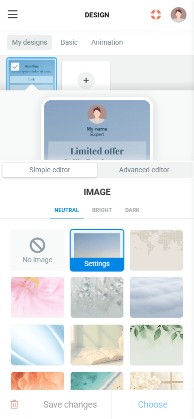 Background customization in design settings in Taplink