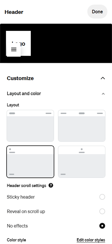 Header settings in Weebly’s website editor