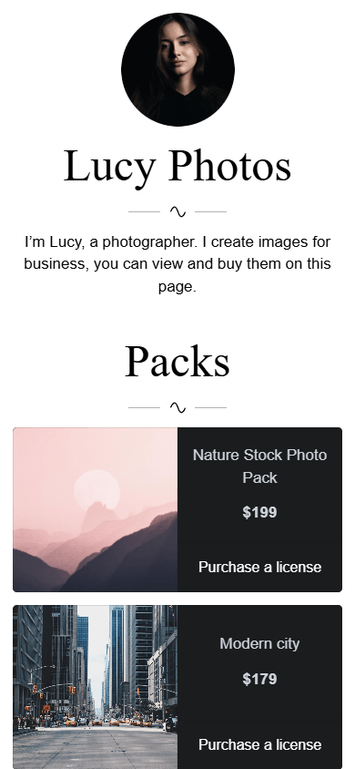Top of a stock photographer’s Carrd-inspired Taplink website with photo packs