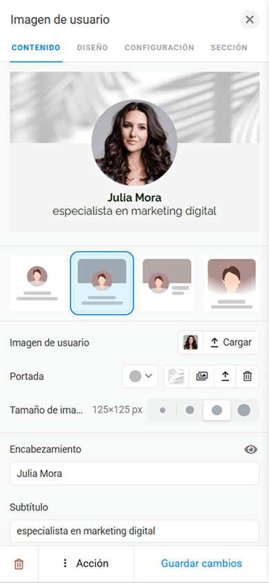 Página de personalización del contenido del bloque Imagen de usuario en Taplink