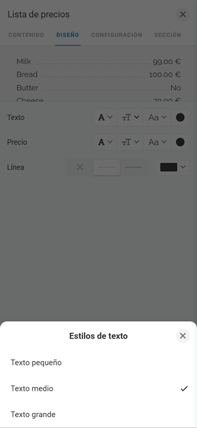 Ventana de personalización del estilo del texto en el bloque Lista de precios