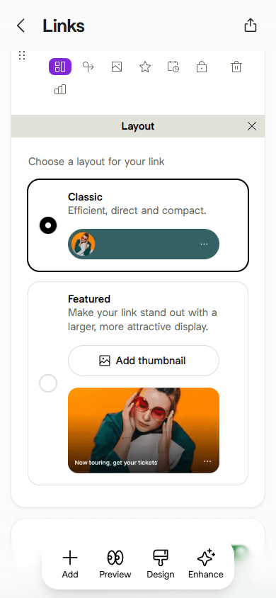 Two button layout options in the Linktree page editor