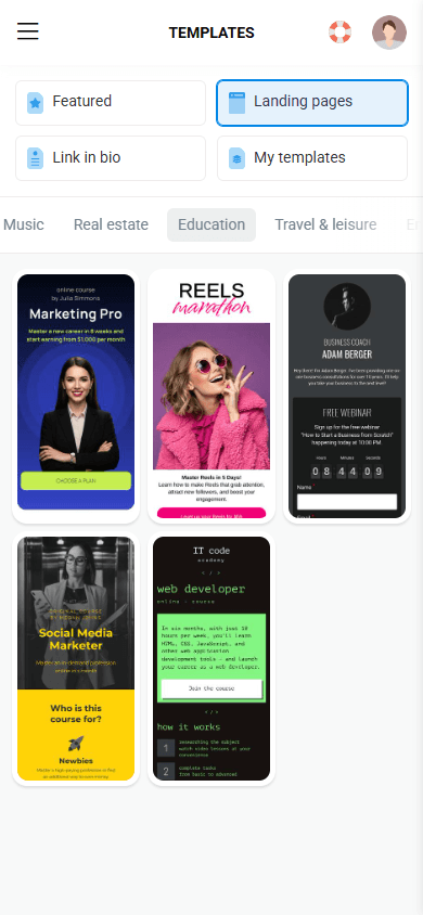 Education landing page templates in Taplink