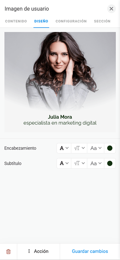 Pestaña de personalización del diseño de la imagen de perfil en la configuración del bloque Imagen de usuario