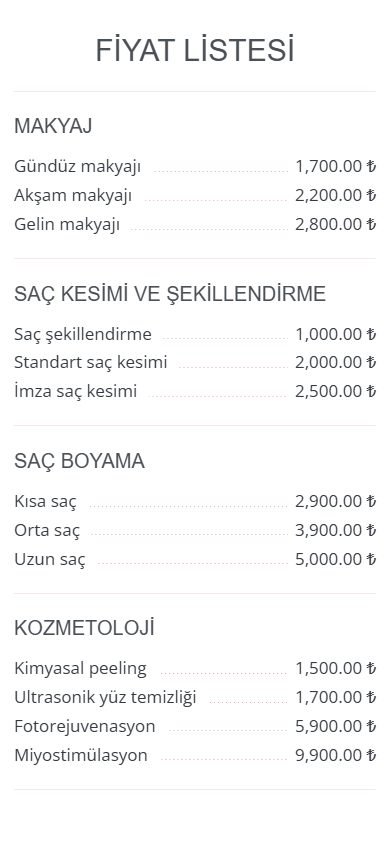 Güzellik salonunun bio link sayfası örneğinin orta kısmı