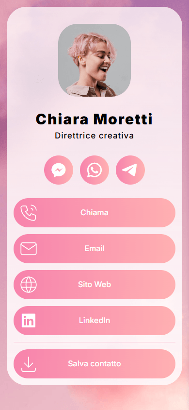 Pagina di link in bio di esempio con foto del profilo, titoli, link e un pulsante di contatto