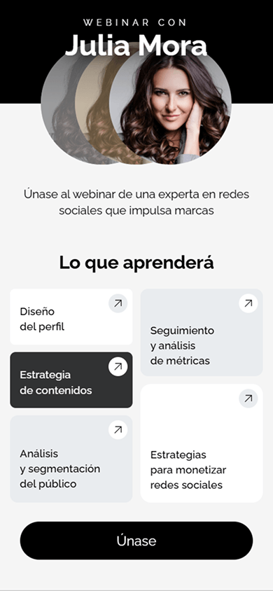 Promoción de un seminario web sobre redes sociales creada con el Bloque personalizado de Taplink