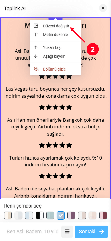 Bölüm ayarları açılır menüsünden Düzeni değiştir seçeneğini seçme