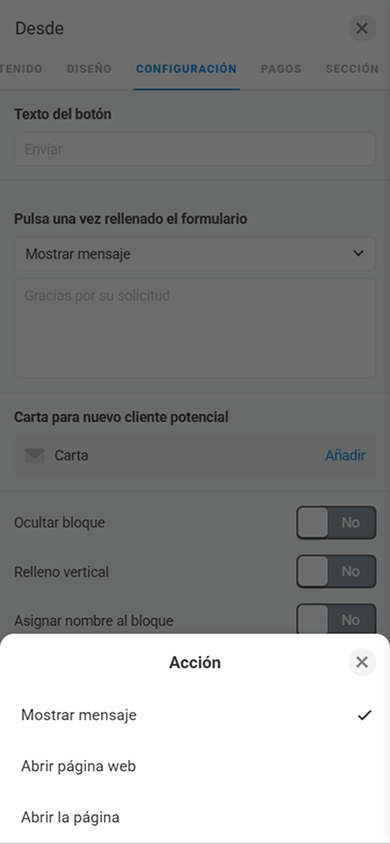 Ventana de configuración de la acción posterior al envío en el bloque Forma y pagos