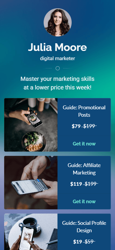 Top of a digital marketer’s Carrd-inspired Taplink website with guides for sale