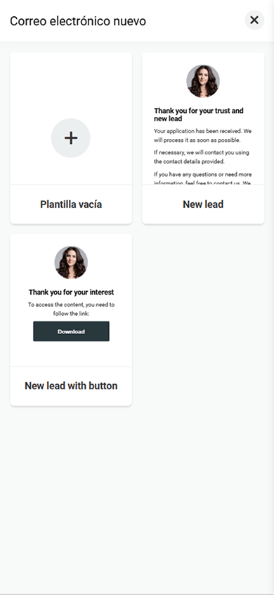 Configuración del correo electrónico posterior al envío, con dos plantillas de correo y una opción para crearlo desde cero