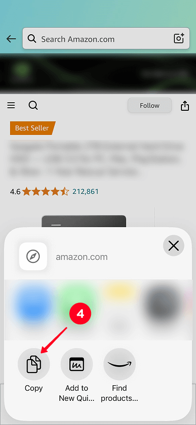 Tapping Copy in the pop-up window in the Amazon app