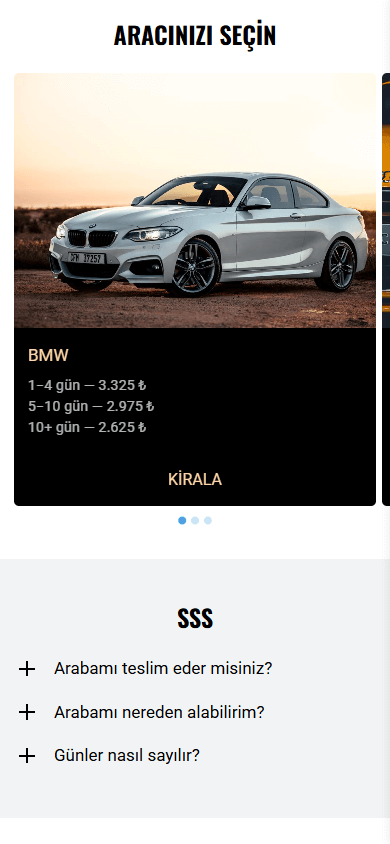 Otomotiv işletmesi Linktree örneğinin orta bölümü