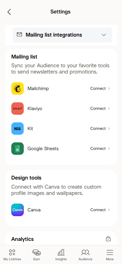 Extensions page interface in Linktree