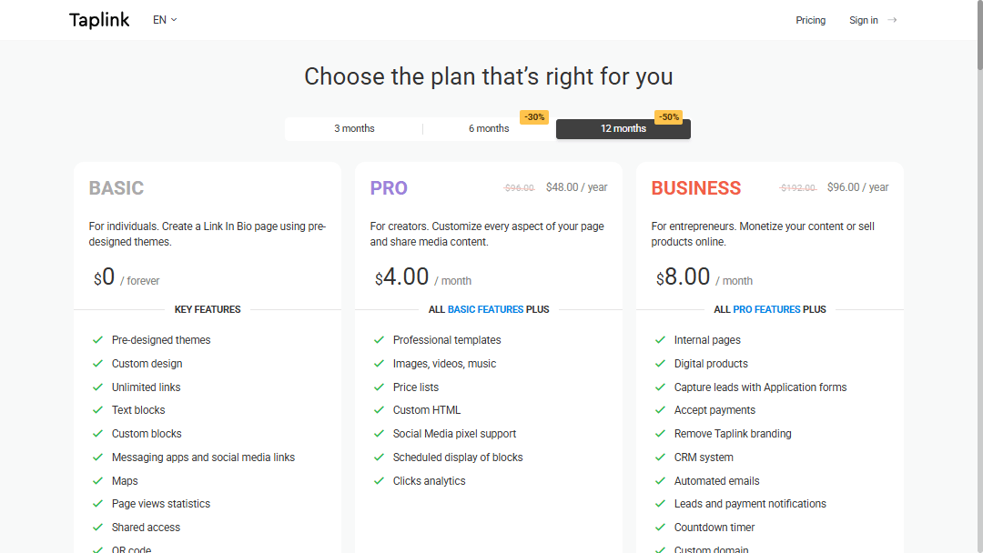 Página de planos de preços do Taplink exibindo três níveis de planos