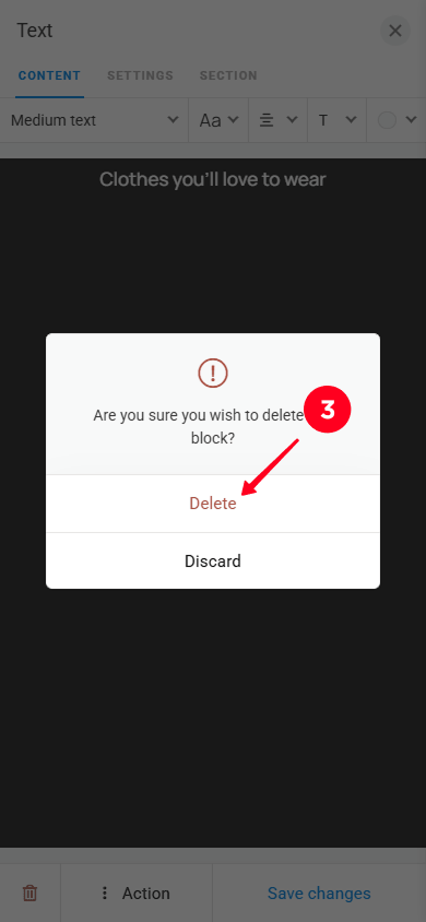 Selecting Delete in the pop-up window to remove the Text block