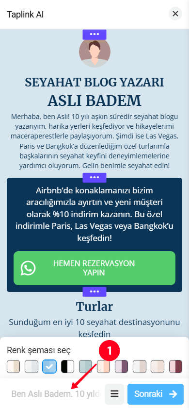 Taplink AI arayüzünde iş açıklaması alanına dokunma