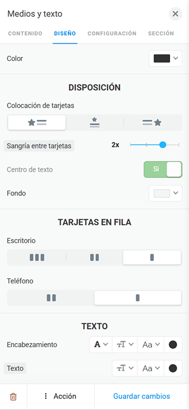 Pestaña de diseño con ajustes de disposición, tarjetas por fila y texto en el bloque Medios y texto
