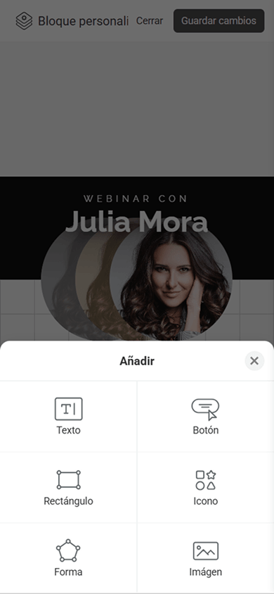 Seis elementos que se pueden añadir para crear un Bloque personalizado en Taplink