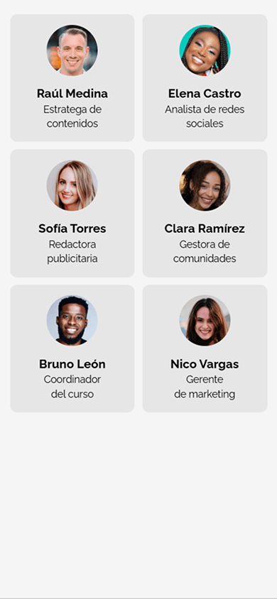 Sección del equipo con sus fotos, nombres y funciones, creada con el bloque Medios y texto