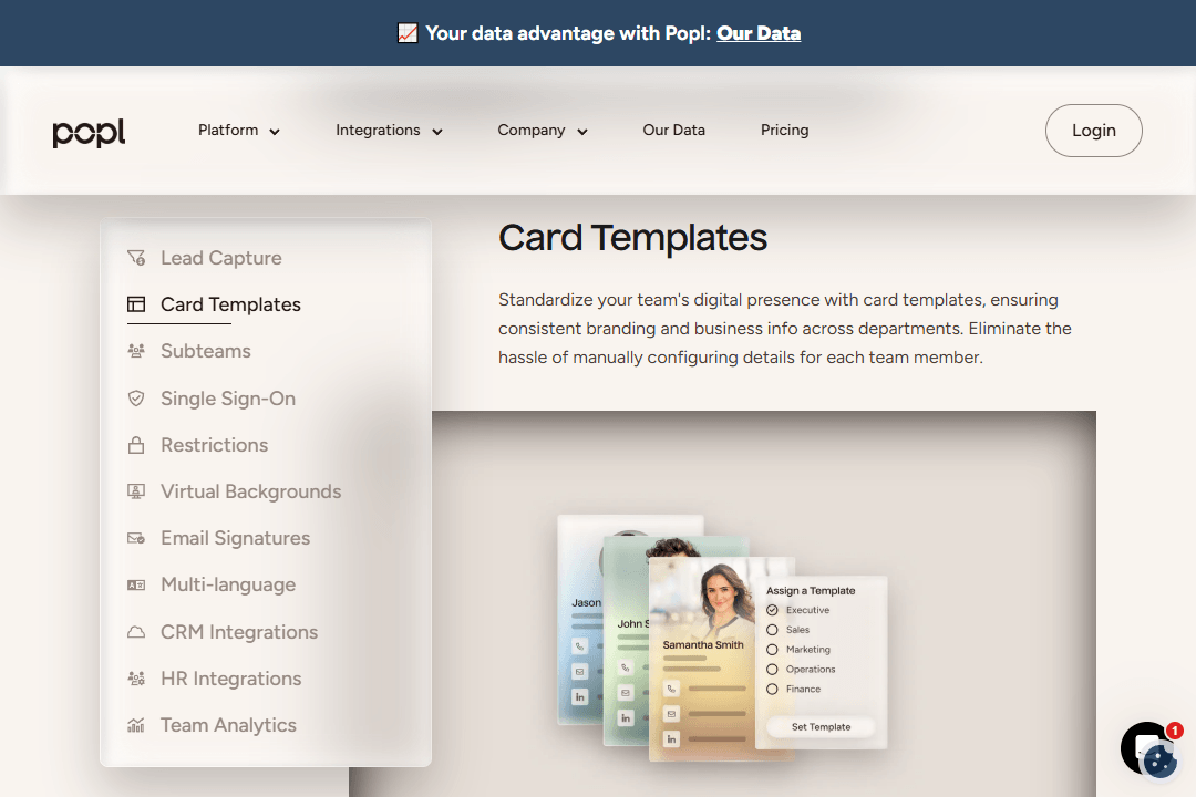 Card templates and text description on the Popl homepage